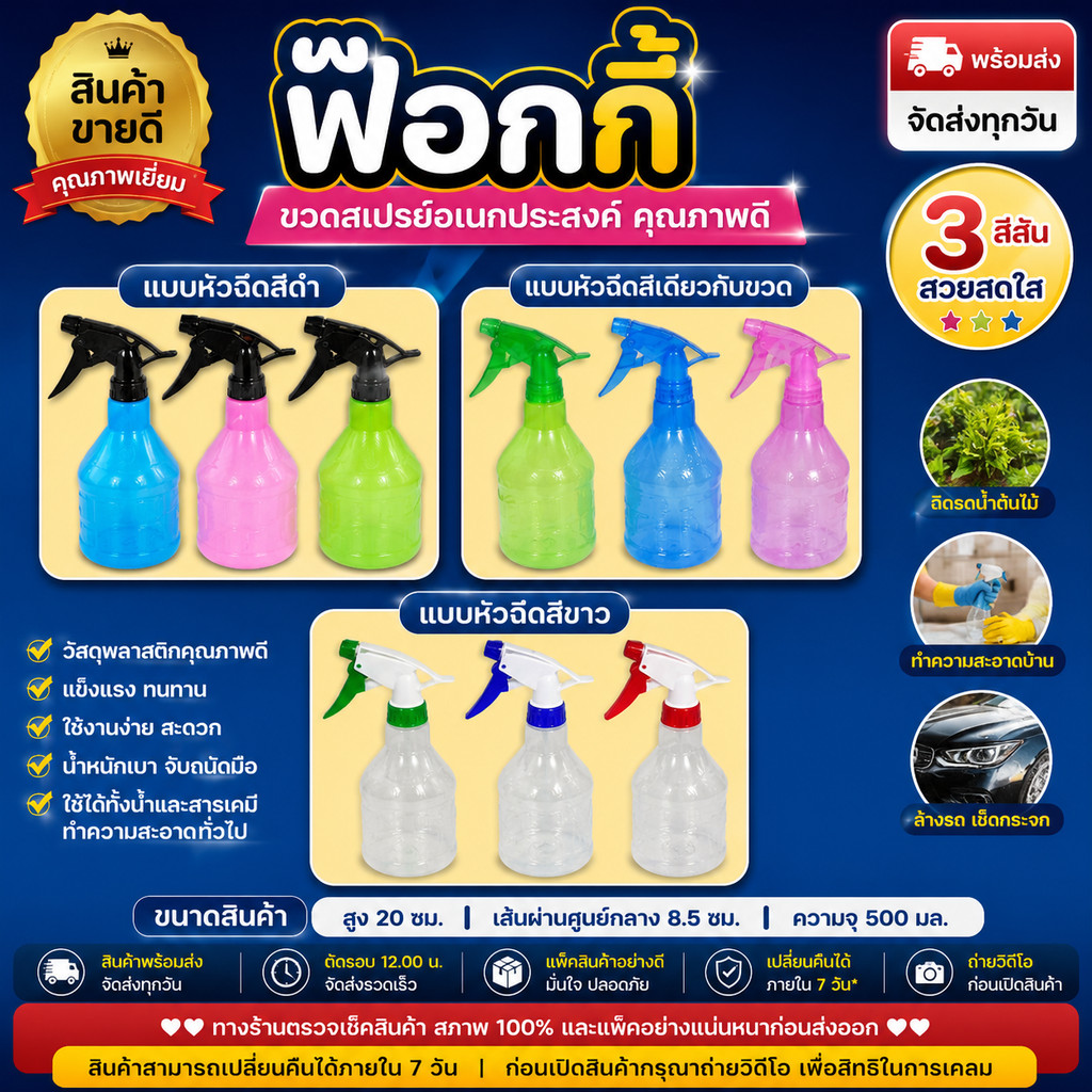 🌿 ฟ๊อกกี้ 1 ลิตร ขวดสเปรย์อเนกประสงค์ กระบอกฉีดน้ำ หัวฉีดแข็งแรง ใช้รีดผ้า รดต้นไม้ ทำความสะอาด