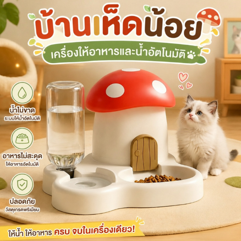 NEW เครื่องให้อาหารแมว น้ำดื่มและให้อาหาร 2-in-1 รูปทรงเห็ดสร้างสรรค์ ถอดออกได้ ตู้กดน้ำอัตโนมัติ
