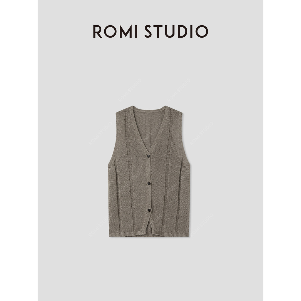 R ROMI STUDIO นําเข้าเป็นมิตรกับสิ่งแวดล้อมไฟเบอร์สีกากีน้ําหนักเบาคอวีถักเสื้อกั๊กเสื้อกั๊ก RWCRS64