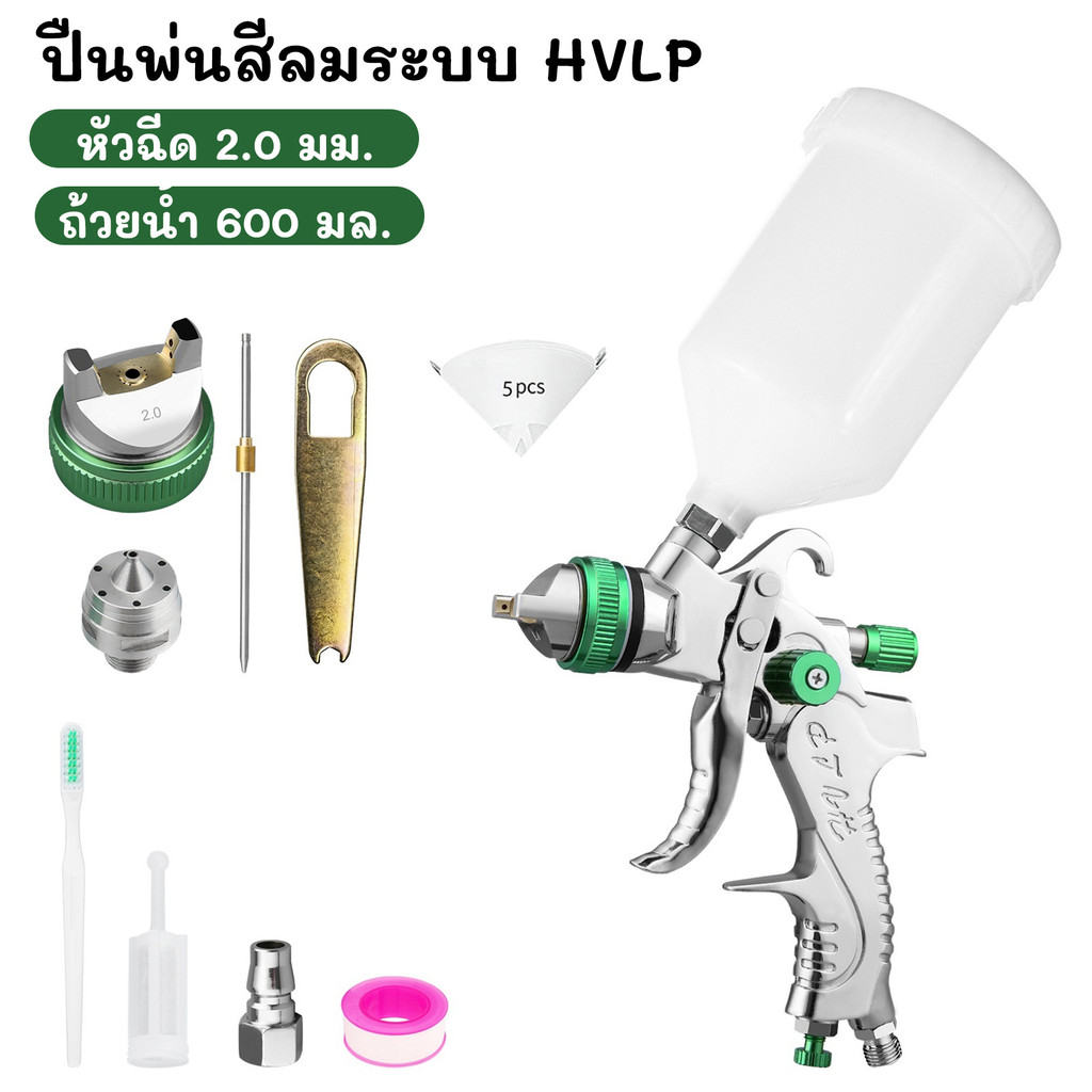 ปืนพ่นสี HVLP Spray Gun ถ้วย 600cc หัวฉีดเปลี่ยนได้ 1.4/1.7/2.0 มม. พร้อมอุปกรณ์ครบชุด สำหรับพ่นสีรถยนต์ เฟอร์นิเจอร์