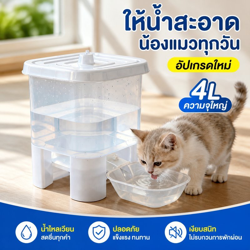น้ำพุแมว เครื่องให้น้ำสัตว์เลี้ยงอัตโนมัติ 3L 4L เงียบ ถอดล้างง่าย ถังน้ำใหญ่ สำหรับแมวสุนัข