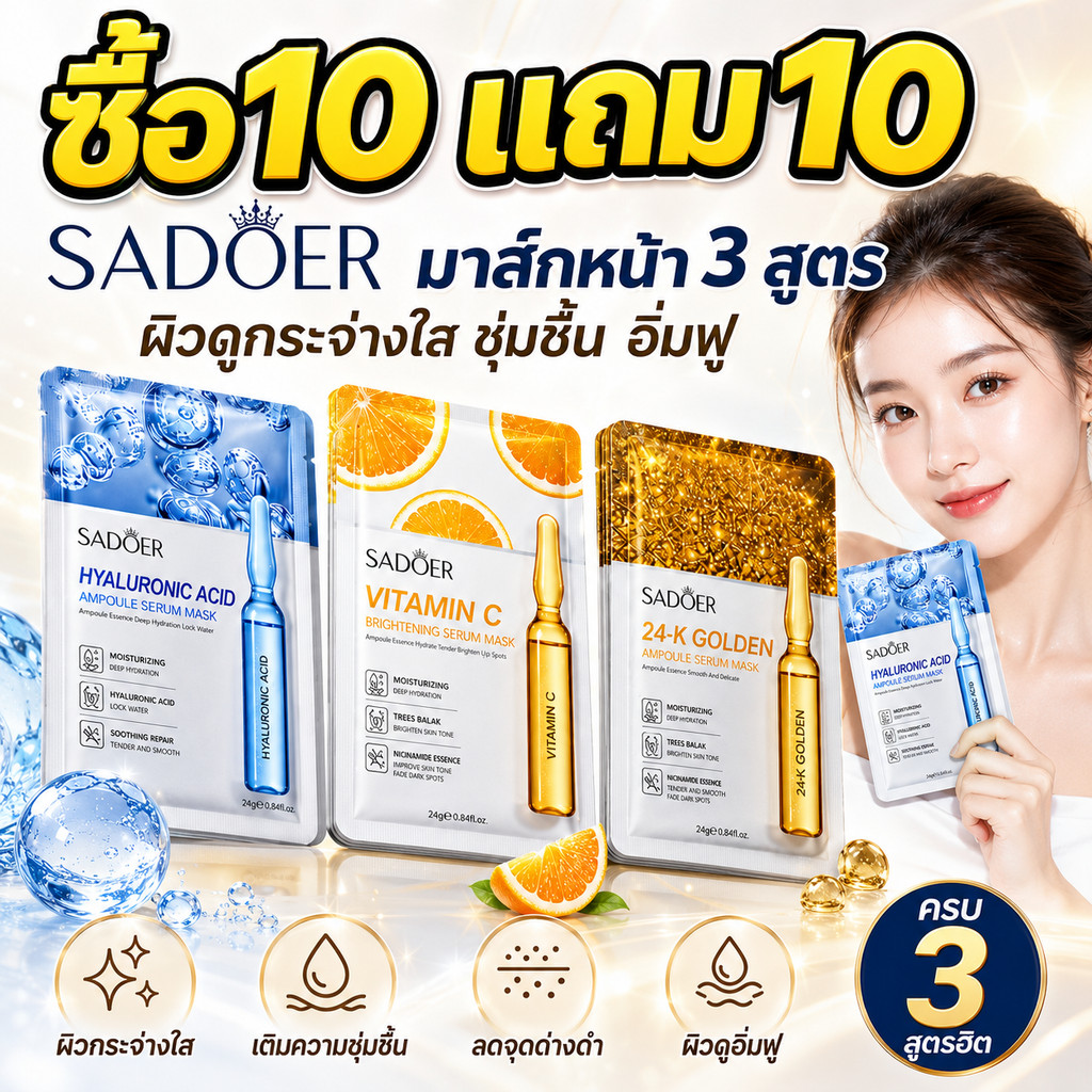 ซื้อ10 แถม10🔥SADOER มาส์กบำรุงผิวแอมพูล มาส์กบำรุงผิว กระจ่างใสผิวหมองคล้ำ เติมความชุ่มชื้นอย่างล้ำลึก ผิวสะอาดกระจ่างใส