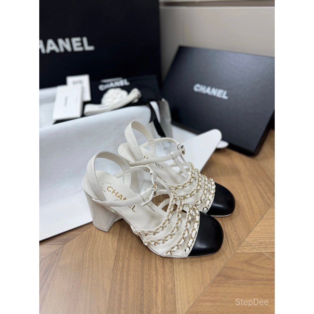 [คุณภาพดีที่สุด] CH26c9cm Early Spring Series Spring Summer Chain Heel Shoes Black White Thick Heel 