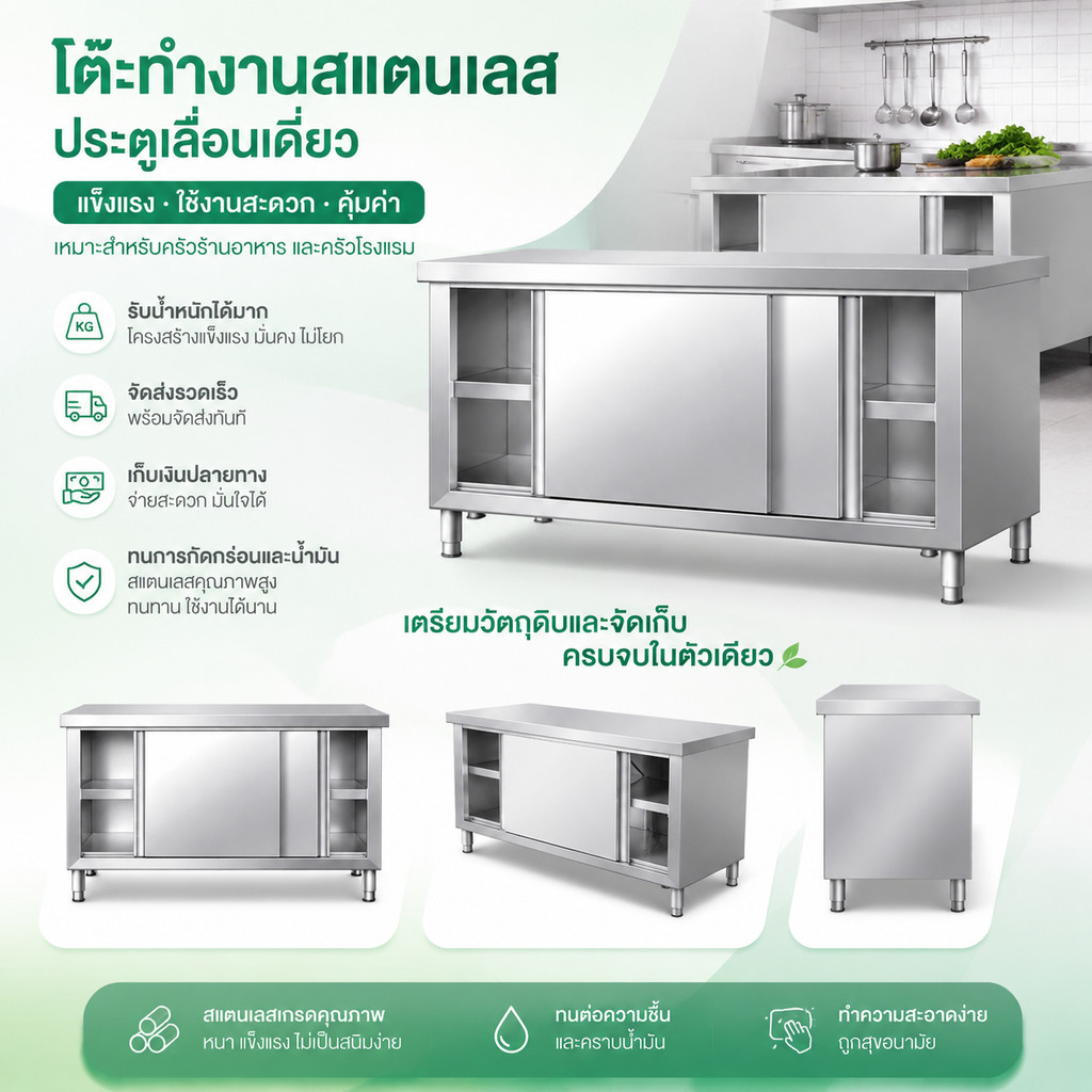 พร้อมส่ง ตู้ครัวสแตนเลส โต๊ะเตรียมอาหาร ตู้เก็บอุปกรณ์ โต๊ะทำงาน ตู้บานเลื่อน โต๊ะอเนกประสงค์ Kitchen table workbench