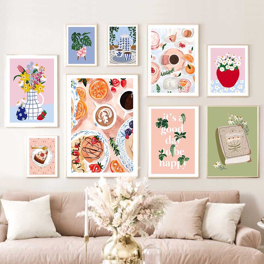 กาแฟ เค้กหนังสือมะนาวผลไม้แจกันดอกไม้บทคัดย่อโปสเตอร์ Wall Art ผ้าใบพิมพ์ภาพวาด afe บาร์ภาพห้องนั่งเล่นตกแต่งบ้าน