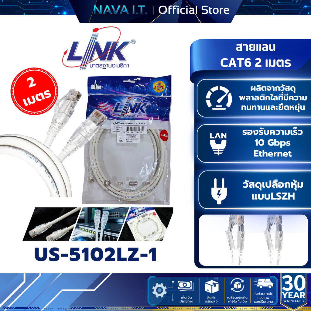LINK US-5102LZ-1 WHITE CAT 6 RJ4 PATCH CORD LSZH 2M. LAN CABLE รับประกัน 30ปี
