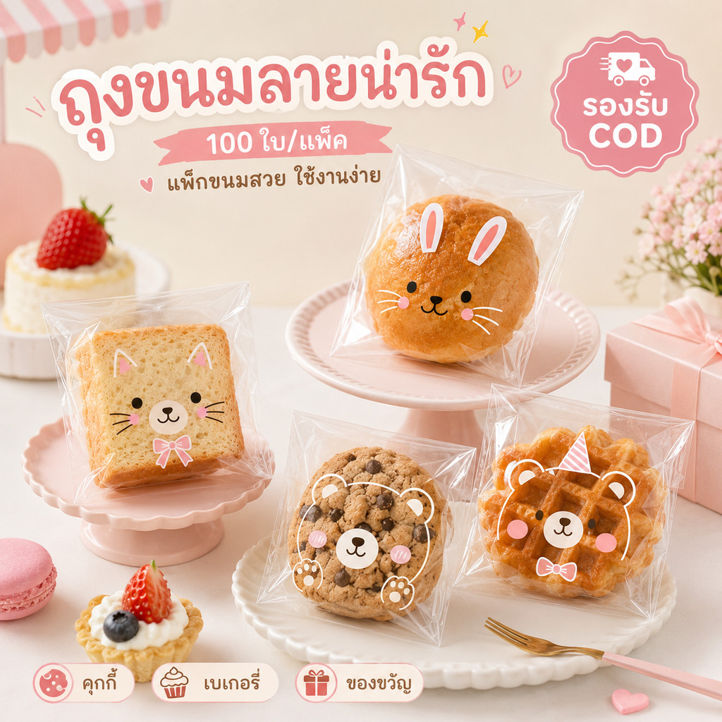 ถุงฝากาวลายน่ารัก 100 ใบ/แพ็ค ถุงขนมปัง ถุงเบเกอรี่ ถุงคุกกี้ ถุงแพ็คขนม ราคาส่ง