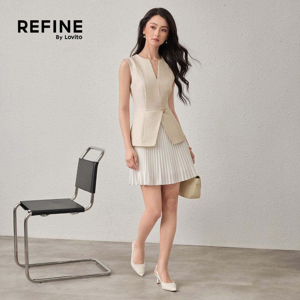 (Refine by Lovito) เดรสทำงาน ผ้าทวีด ดักซับเหงื่อ ต่อผ้า พลีท ลายโลหะ เดรสผู้หญิง ฤดูใบไม้ผลิ-ฤดูร้อน DRR42P1D011 — صورة 5