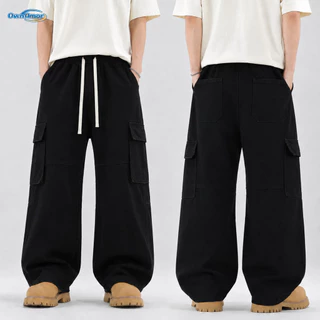 【4XL-8XL】กางเกงยีนส์คาร์โก้ผู้ชาย ทนทาน ขากว้าง ทรงหลวม ลำลอง ระบายอากาศได้ดี สีดำล้วน พลัสไซส์