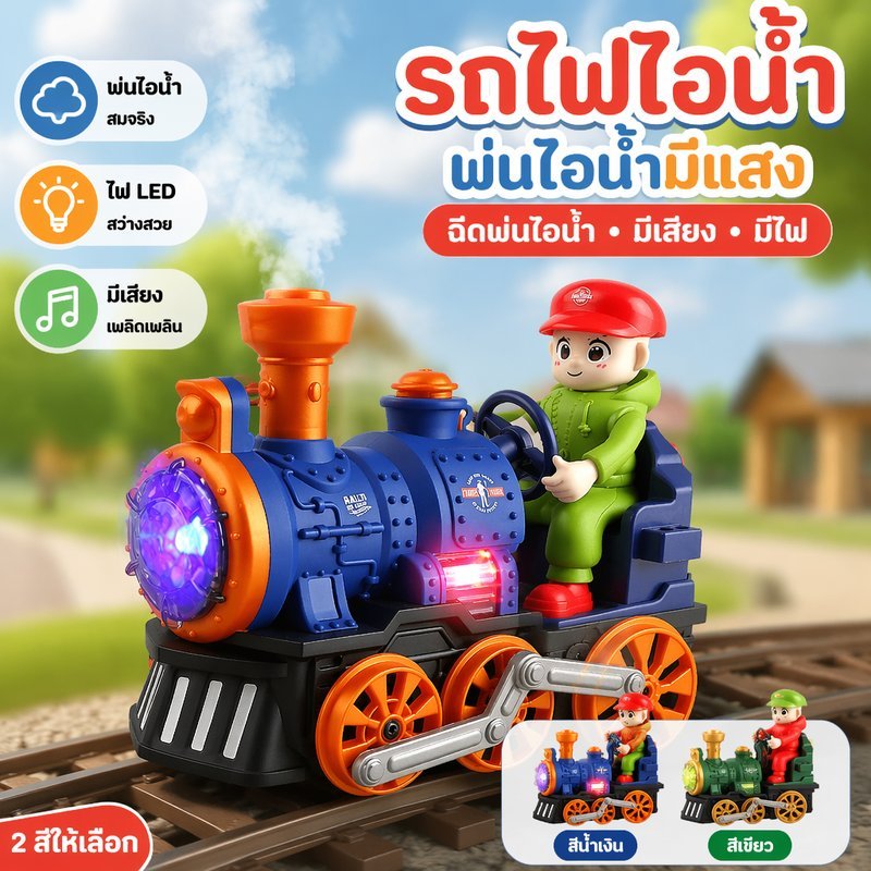 รถไฟของเล่นไฟฟ้า รถไฟโทมัส ไอน้ำพ่นควัน วิ่งอัตโนมัติหมุนได้ 360 องศา มีไฟเสียง ไม่ต้องใช้ราง