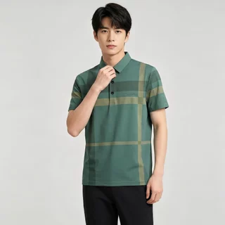 Chaistyle ผู้ชายเสื้อโปโล ระบายอากาศได้ดี ความรู้สึกเย็น คอพับ แขนสั้น ชุดคุณพ่อวัยกลางคน ลวดลายตัวอักษรเพชร หลวม