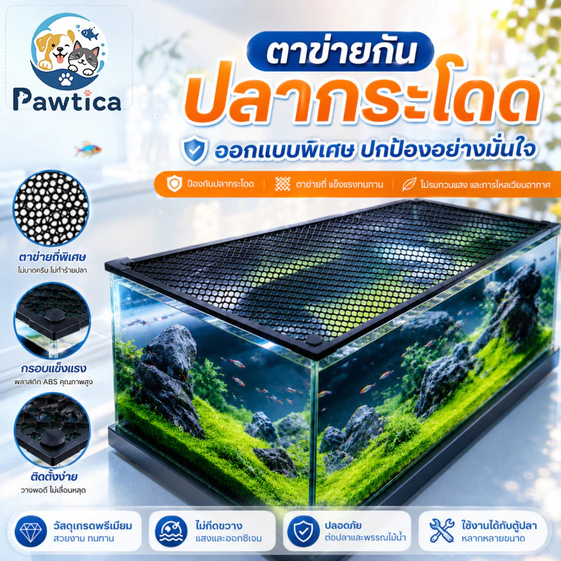 PawTica ตาข่ายกั้นปลากระโดด ยึดด้วยแถบแม่เหล็ก