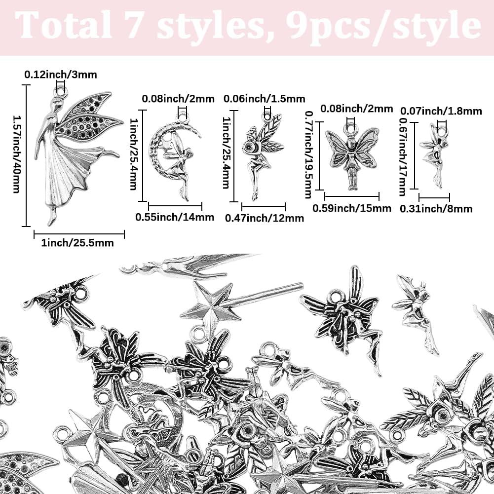SUNNYCLUE 7 รูปแบบ 63 ชิ้น Fairy Charms โลหะแฟนตาซี Charms จํานวนมากโบราณเงินน่ารักแฟนตาซี Witchy ดอ