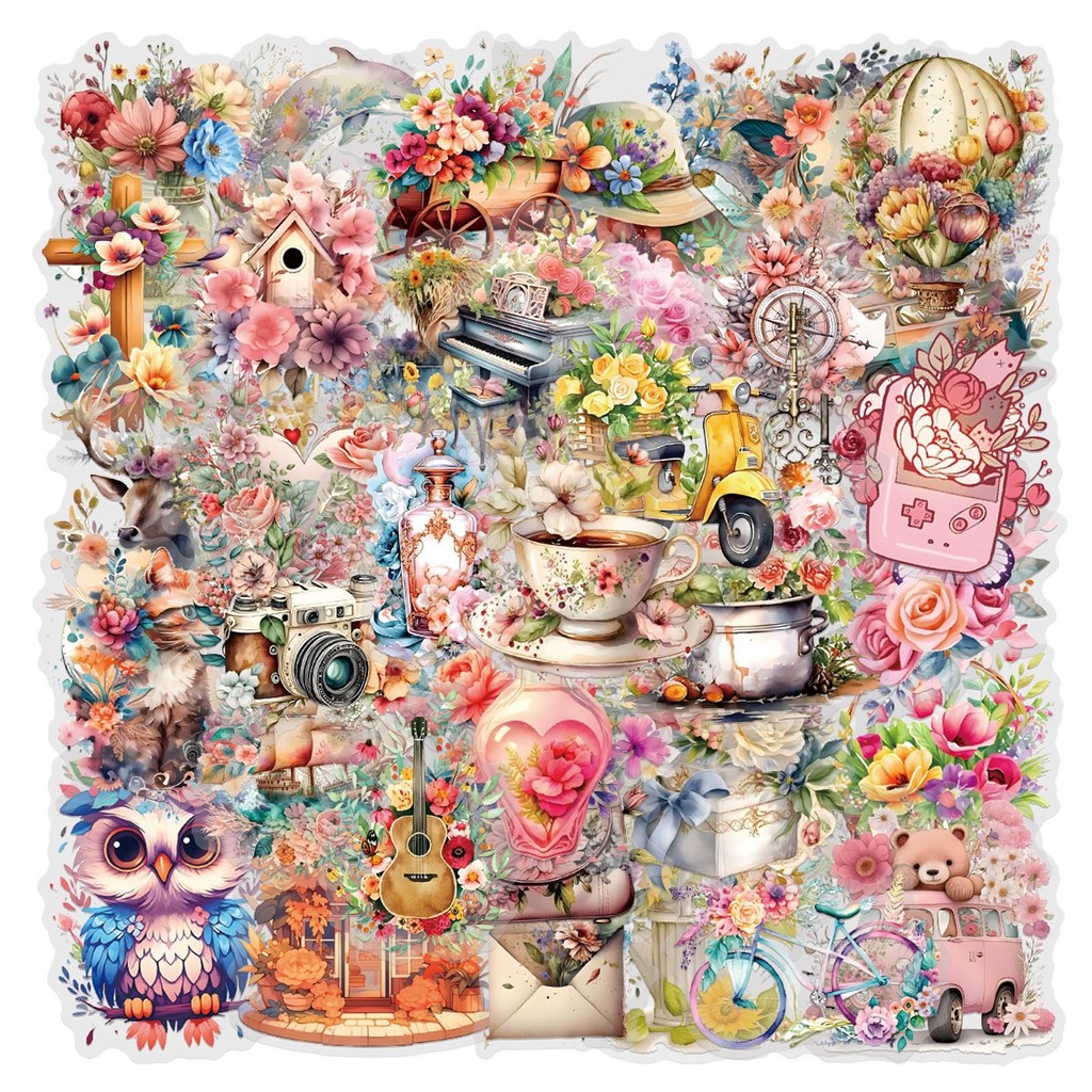 ❉ สติ๊กเกอร์ใส PET สุนทรียศาสตร์ดอกไม้โบราณ ❉ 55 ชิ้น/เซ็ต DIY กันน้ําแฟชั่น Decals สติ๊กเกอร์วารสาร