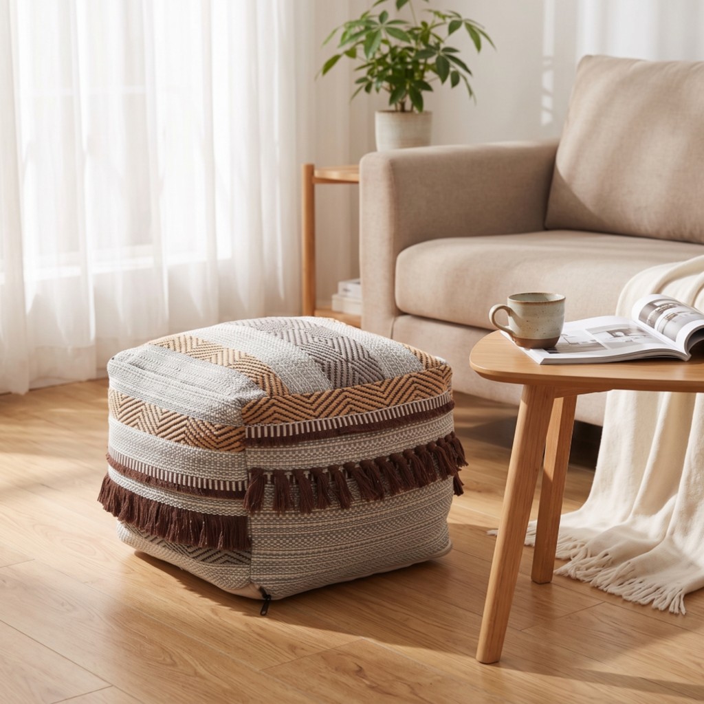 พื้นทอ Ottoman Soft Cube Ottoman Upholstered สตูลวางเท้า Low-Height Seat Cube Compact สําหรับห้องนั่