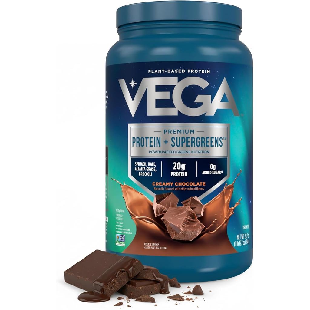 Vega Premium Protein + Supergreens, Chocolate – 20g โปรตีนวีแกน, แดรี่ แอนด์ กลูเตนฟรี, 28.8 ออนซ์ (