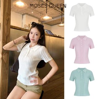 MOSESQUEEN เสื้อถักนิตติ้งสีน้ําเงินอย่างมากของผู้หญิงสําหรับฤดูร้อนน้ําหนักเบาเสื้อโปโลสไตล์วัยรุ่นแขนสั้น #69076