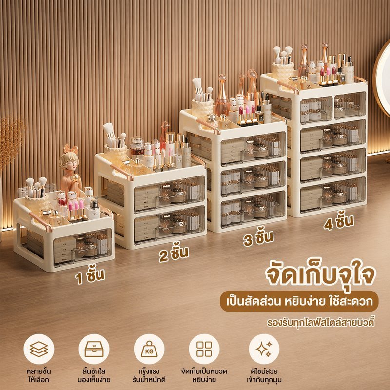 กล่องเก็บเครื่องสําอางลิ้นชักออแกไนเซอร์ 1 2 3 4 ชั้นกรณีเครื่องสําอางผลิตภัณฑ์ดูแลผิวที่ใส่น้ําหอม