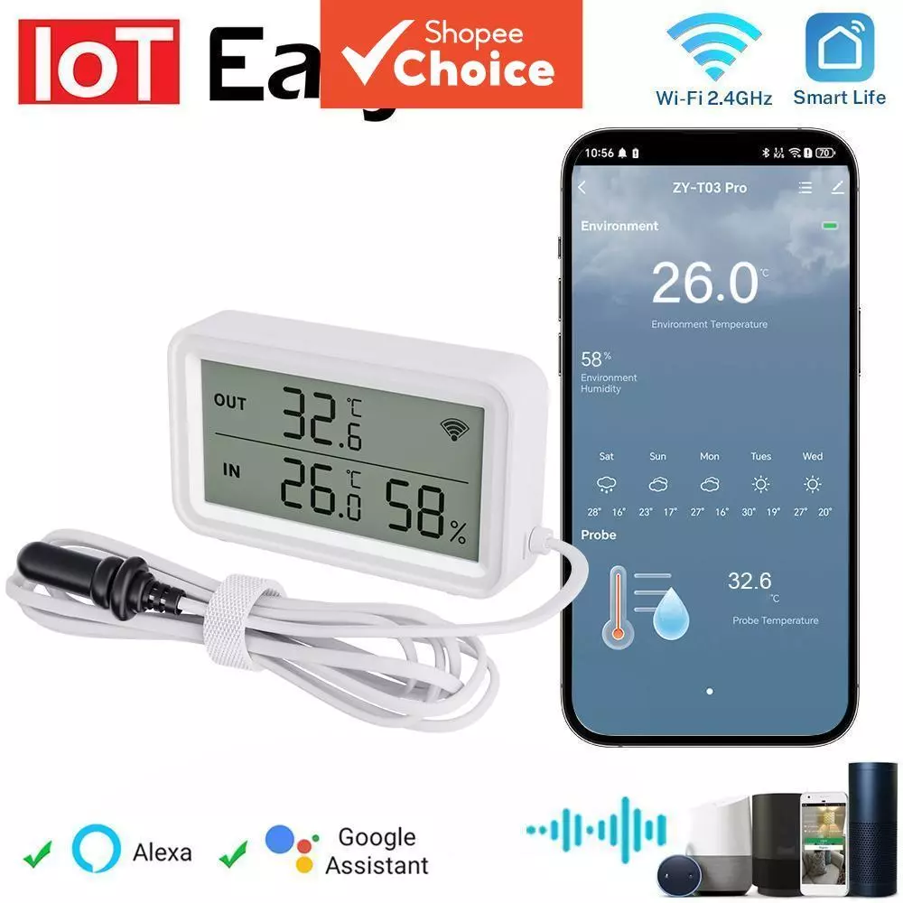 สําหรับ Tuya Wifi อุณหภูมิและความชื้นเซนเซอร์ดิจิตอล LCD ทํางานสะดวก WithTuya Smart Life Google Assistant, พร้อมโพรบภายนอก