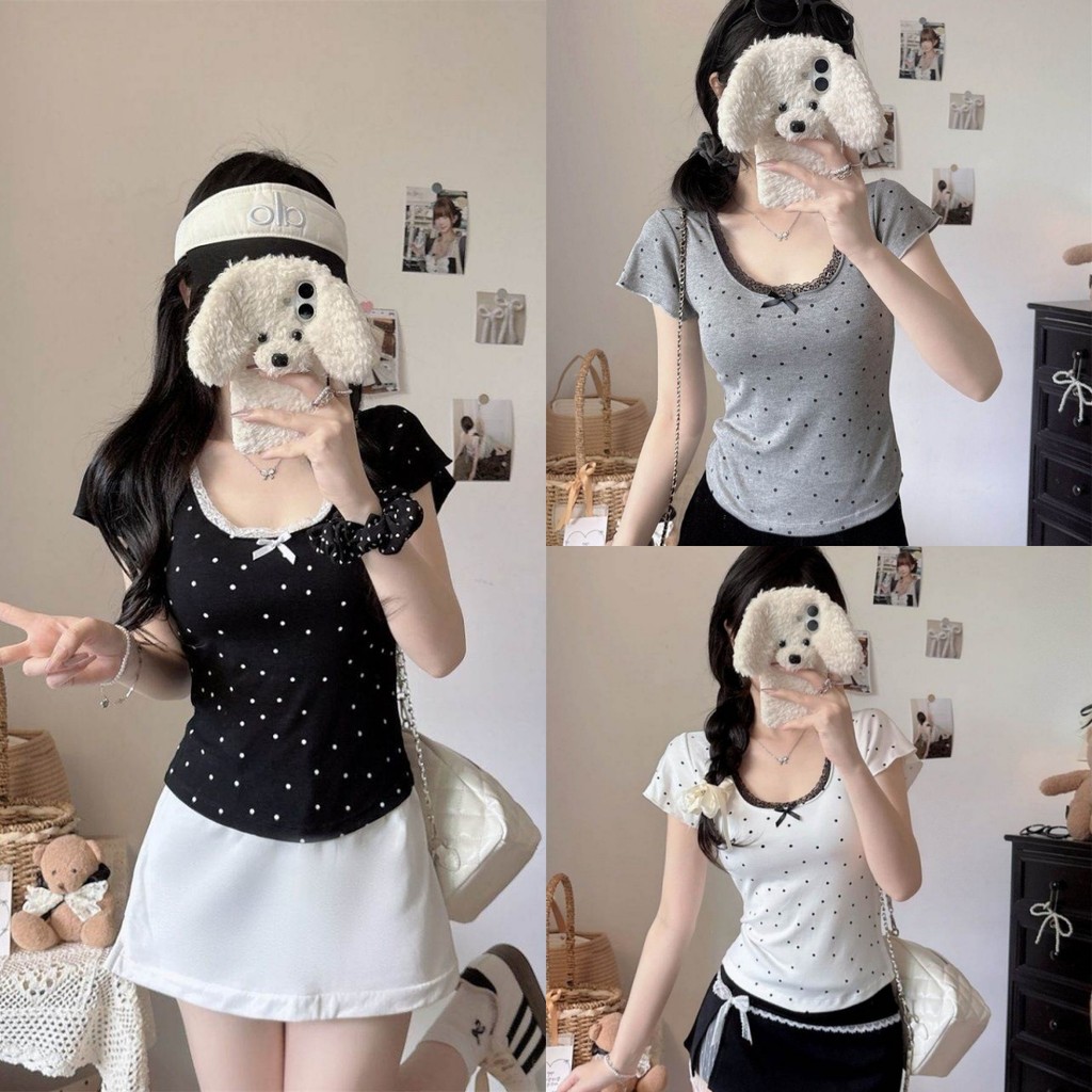 Beryl พร้อมส่ง เสื้อยืดลายจุดผู้หญิง เสื้อยืดแขนสั้นผู้หญิง ดีไซน์ขอบลูกไม้ ดีไซน์โบว์ริบบิ้น สไตล์เกาหลี