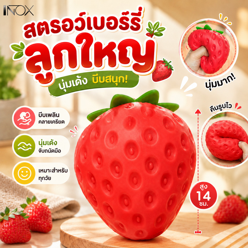 ของเล่นบีบคลายเครียด สกุชชี่สตรอว์เบอร์รี่ยักษ์ นุ่มเด้ง คืนตัวช้า บีบเพลิน กลิ่นหอม ของเล่นเด็ก
