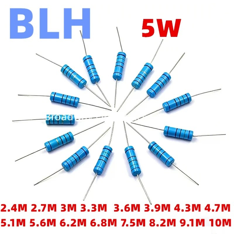10PCS 5W 2.4M 2.7M 3M 3.3M 3.6M 3.9M 4.3M 4.7M 5.1M 5.6M 6.2M 6.8M 7.5M 8.2M 9.1M 10M OhmMetal ตัวต้