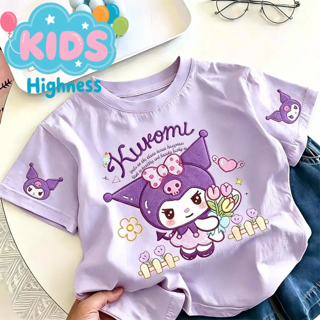 【จัดส่งภายใน 24 ชม.】COD เสื้อยืดเด็กแขนสั้น  ลายการ์ตูน Kuromi นุ่ม ใส่สบาย  1-12 ปี