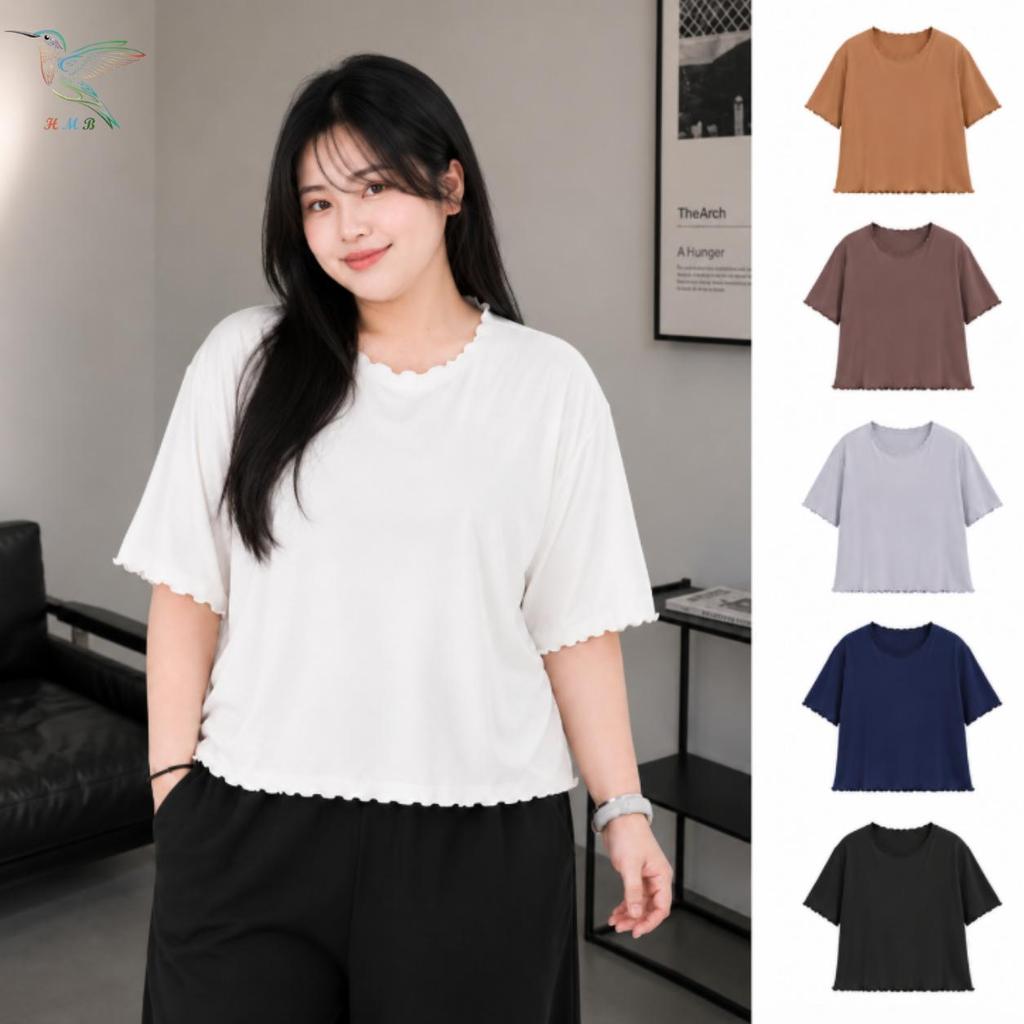 HMB® เสื้อครอปสาวอวบ สีพื้นแต่งระบาย ผ้านิ่มใส่สบาย ระบายอากาศดี ซักง่ายแห้งไว แมตช์ง่ายทุกลุค tb7778#