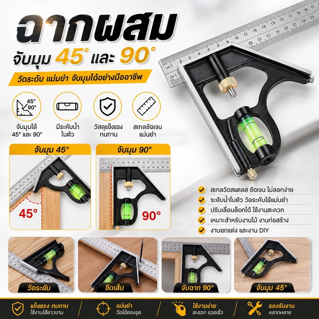 --MXM--ฉากผสม จับมุม 45 และ 90 องศา ใช้สำหรับวัด และจับฉาก มีตัววัดระดับน้ำในตัว ขนาด 300mm. #AQ-0026