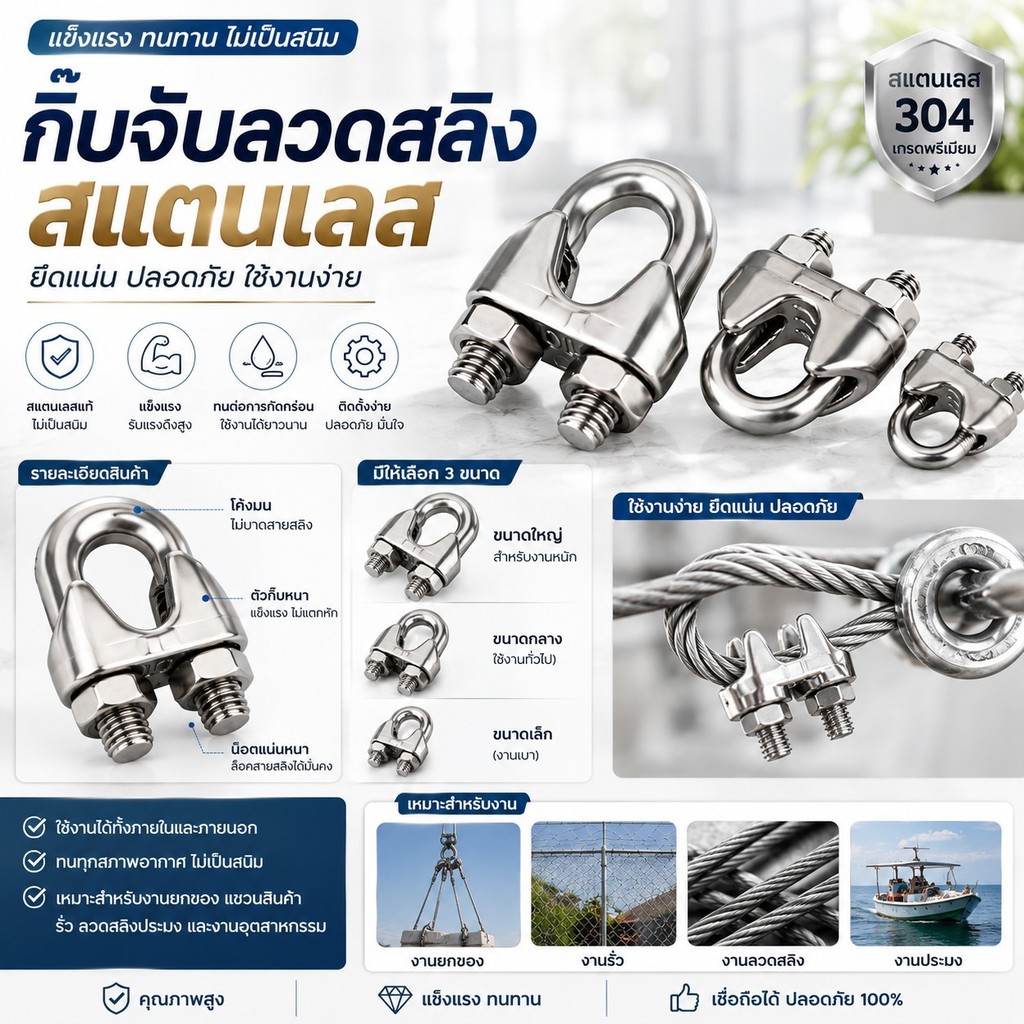 กิ๊บจับลวดสลิง กิ๊บล็อคสลิง แคมป์ล็อคสลิง สแตนเลส ขนาด M3/M5/M6/M8/M10/M12 พร้อมส่ง #AQ-0031