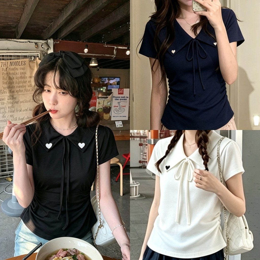 Beryl พร้อมส่ง เสื้อยืดผู้หญิง เสื้อยืดคอปีเตอร์แพนแต่งโบว์ ทรงเข้ารูปกระชับเอว ดีเทลปักลาย สไตล์เกาหลี