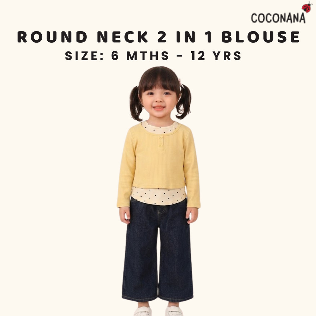 Coconana เสื้อผู้หญิง Budak Perempuan 6mhs-12yrs แขนยาวผ้าฝ้าย 2 in 1 เด็กสาวรอบคอ Harian