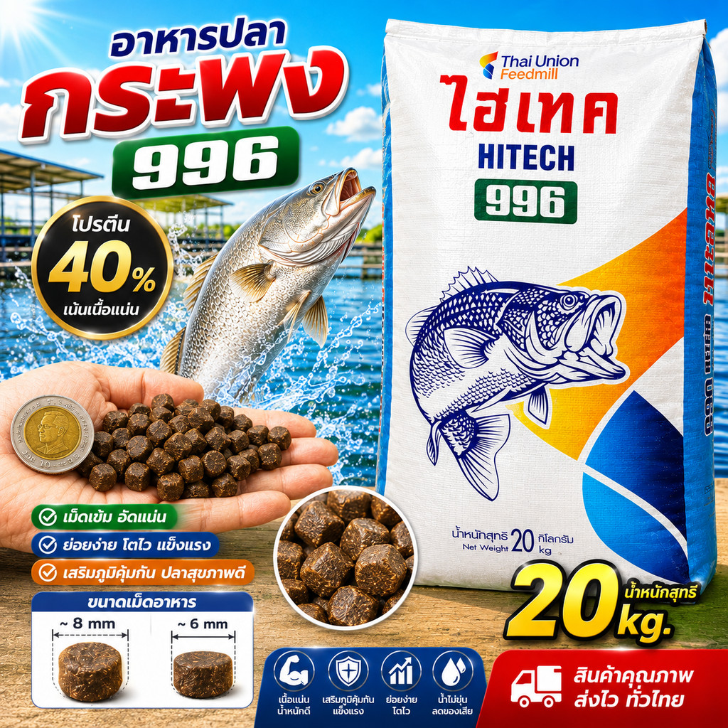 ของใหม่ พร้อมส่ง อาหารปลากระพง ไฮเทค 996 โปรตีน 40% ยกกระสอบ ขนาด 20 กิโลกรัม