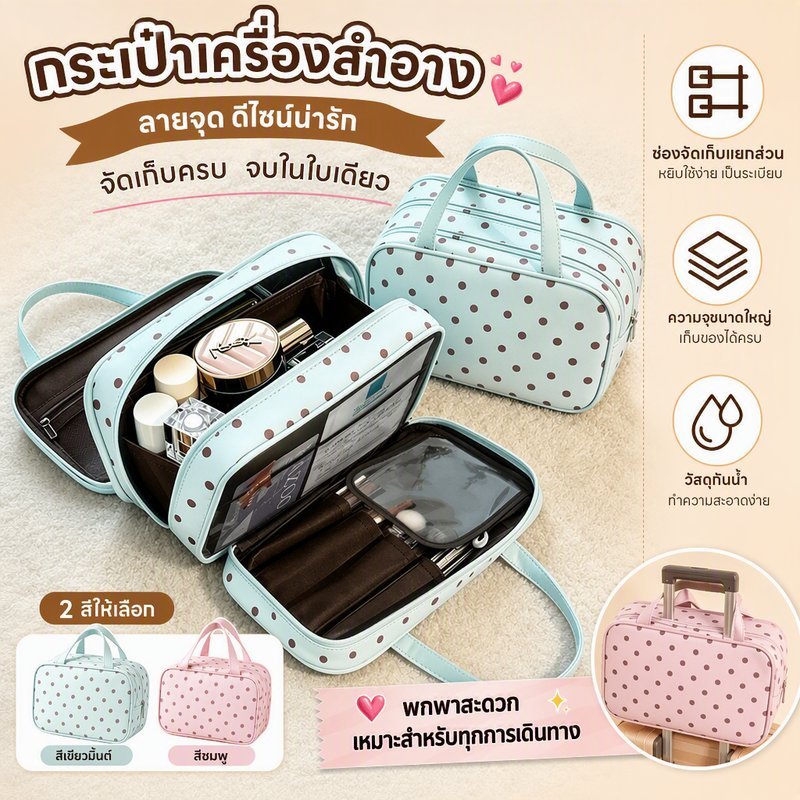 กระเป๋าเครื่องสำอางกันน้ำ 3 ชั้นใหญ่ กระเป๋าเดินทางพกพา มีหูหิ้ว แยกช่อง ความจุสูง PU กันน้ำ