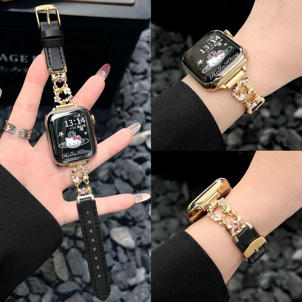 สายนาฬิกา สายหนัง ประดับจี้ลายดอกไม้เพชร ทรงสวย สายหนังบาง ใช้ได้กับขนาด 38/40/41/42/44/45/46/49 มม.