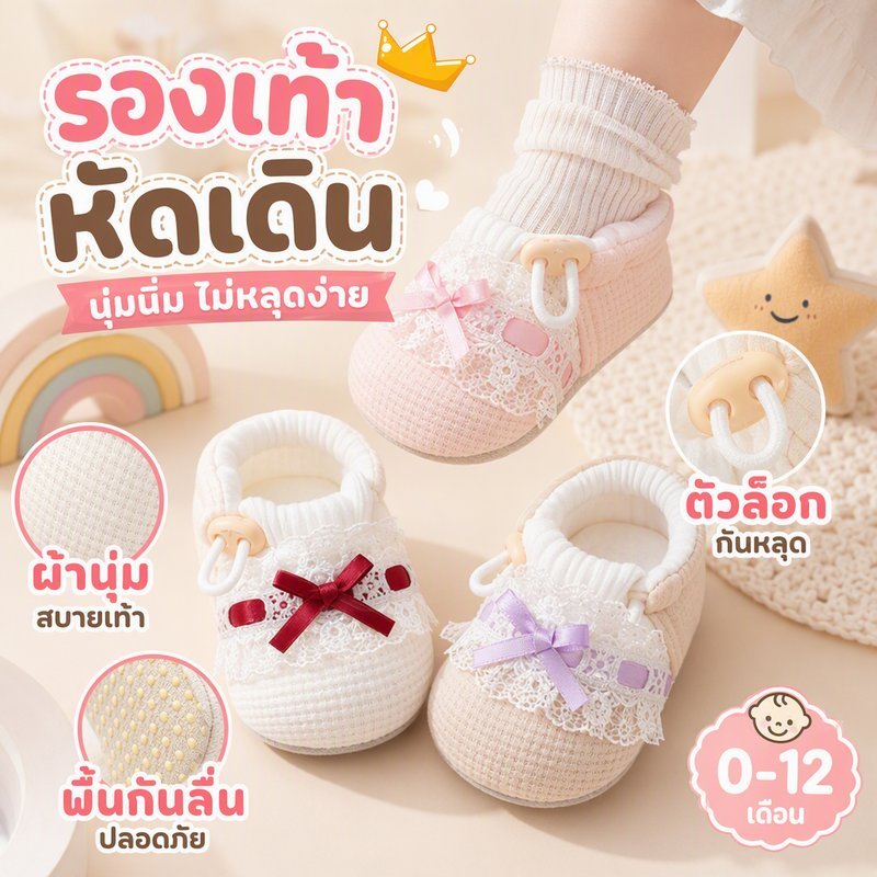 รองเท้าเด็กแรกเกิด 0-12 เดือน พื้นนุ่มกันลื่น น้ำหนักเบา ใส่สบาย กันหลุด ลายลูกไม้+โบว์ สำหรับเด็กผู้หญิง