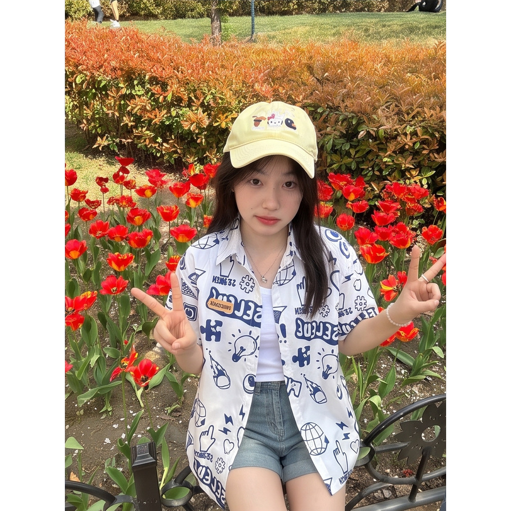 🎀 เสื้อเชิ้ตคอปกแขนสั้นผู้หญิงทรงใหญ่ วินเทจเกาหลีสุดคิวท์ PKB2997 แมตช์ง่ายได้ทุกลุค เติมความสดใสด้