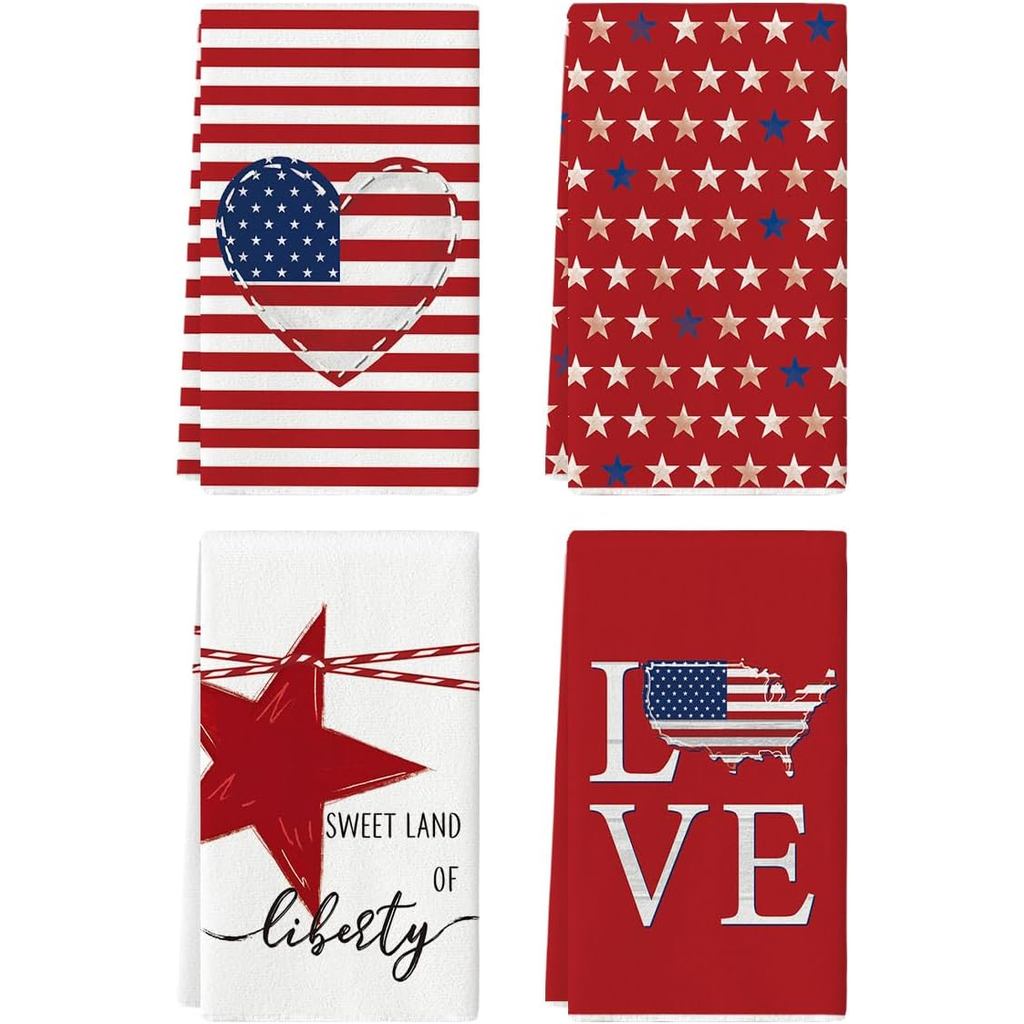 Artoid Mode Stripe America Stars Love Patriotic 4th of July ผ้าขนหนูจาน, 18x26 นิ้ว Memorial Day ตกแ