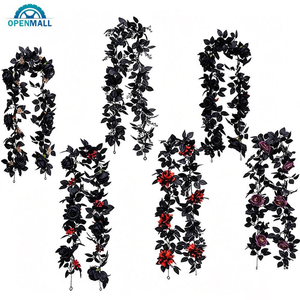 OPENMALL ประดิษฐ์ Black Rose Vine เหมือนจริงจําลองหวายปลอมใบ Gothic ฮาโลวีน Garland Home Party ฉากตก