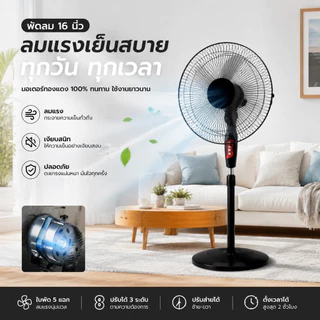 พัดลมตั้งพื้น 16 นิ้ว รุ่น พัดลมแรง ปรับลม 3 ระดับ เย็นเร็ว ใบพัด 5 ใบ แข็งแรง ใช้งานง่าย