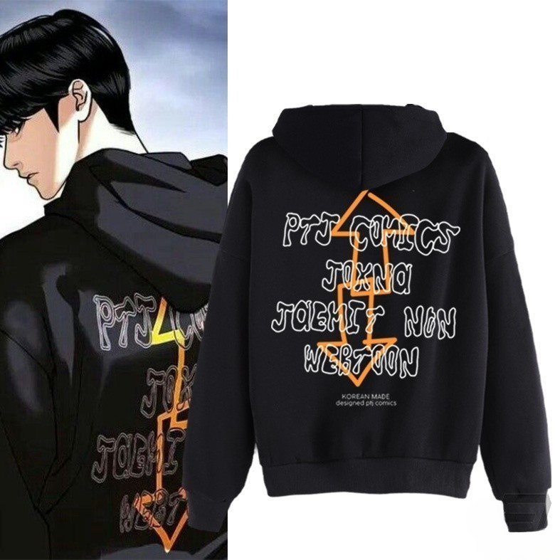 การ์ตูนเกาหลีเน้นเรื่องรูปลักษณ์เป็นหลัก เสื้อฮู้ด PTJ Comics ลายสามเหลี่ยมสีส้มแบบกราฟฟิตี้ สีดำ ยู