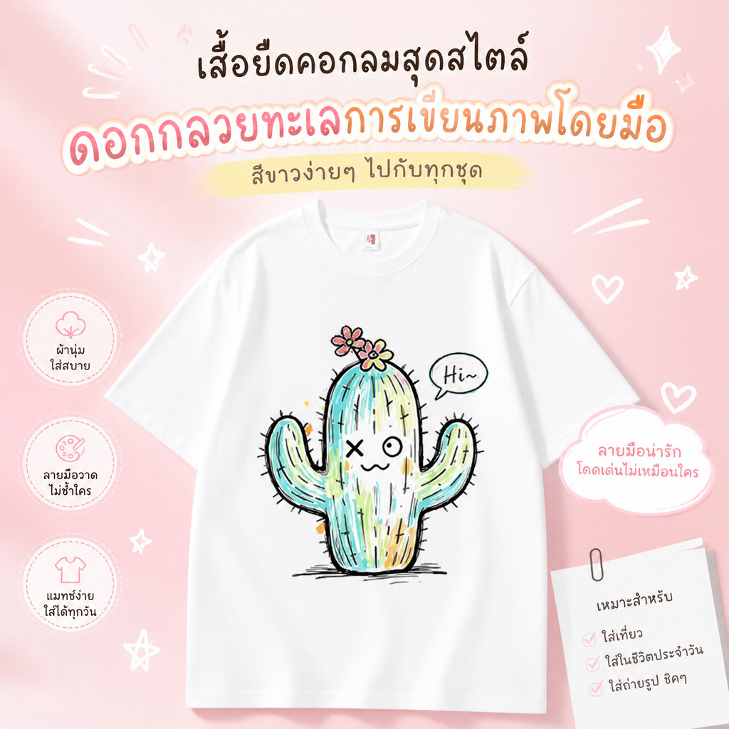 เสื้อยืดแขนสั้นลายกระบองเพชรสีสันสดใส แฟชั่นคาวาอิ