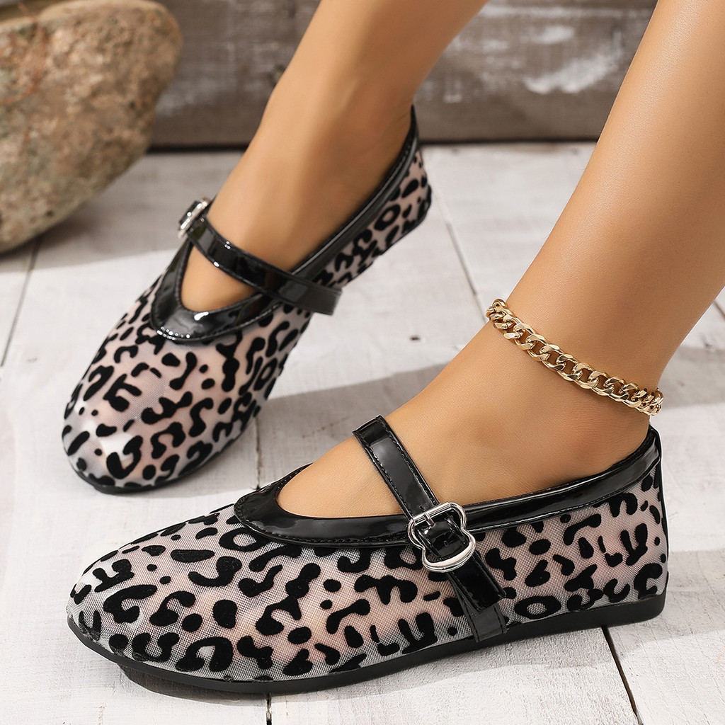 ใหม่ Plus-Size Women Casual Flat Shoes, Breathable Mesh Leopard Print One-Strap Women Shoes