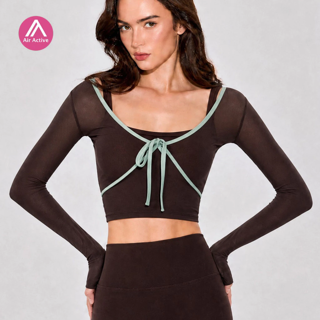 Airactive Yoga Top เบาะแขนยาวตาข่าย Bow Knot Two Tone Design กีฬาฟิตเนส