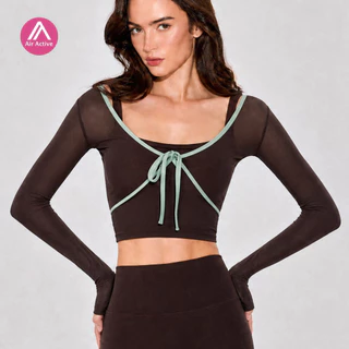 Airactive Yoga Top เบาะแขนยาวตาข่าย Bow Knot Two Tone Design กีฬาฟิตเนส