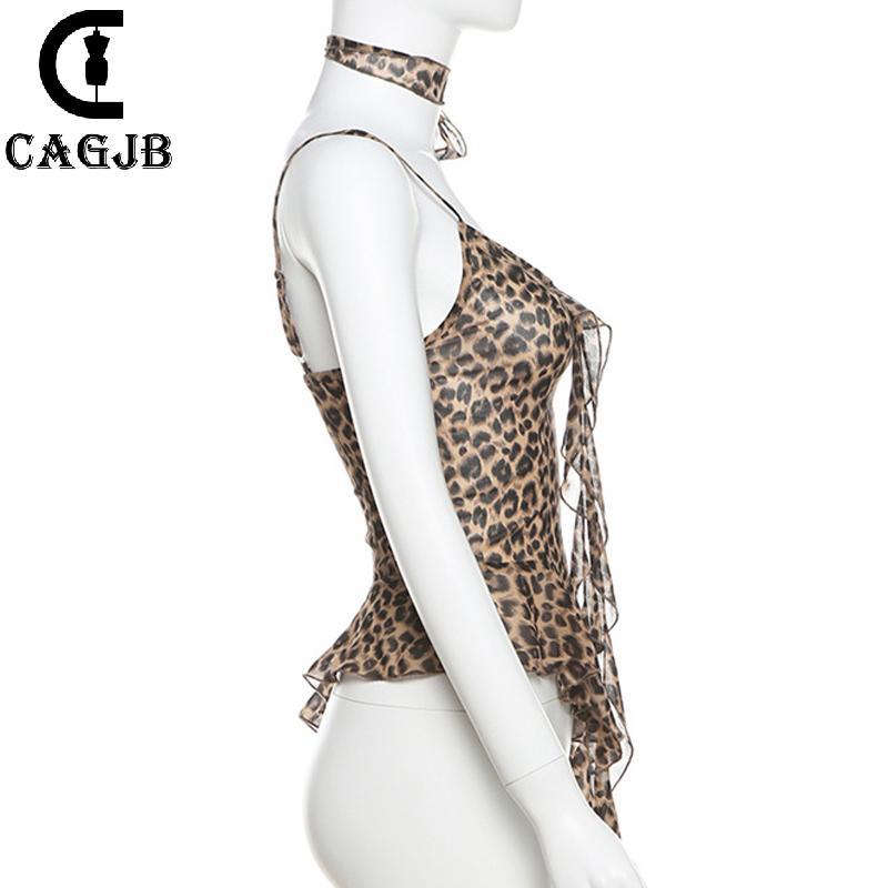 [CAGJB] อเมริกันสาวร้อนสไตล์ Retro เสือดาวพิมพ์ Halter คอ Camisole สําหรับผู้หญิงฤดูร้อนไม่สม่ําเสมอ