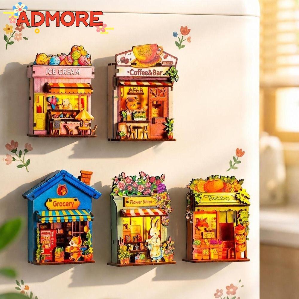ADMORE DIY ไม้ Mini House, สัตว์ร้านแม่เหล็กตู้เย็น DIY, พร้อมไฟ DIY Handcraft ตกแต่งบ้าน Mini House