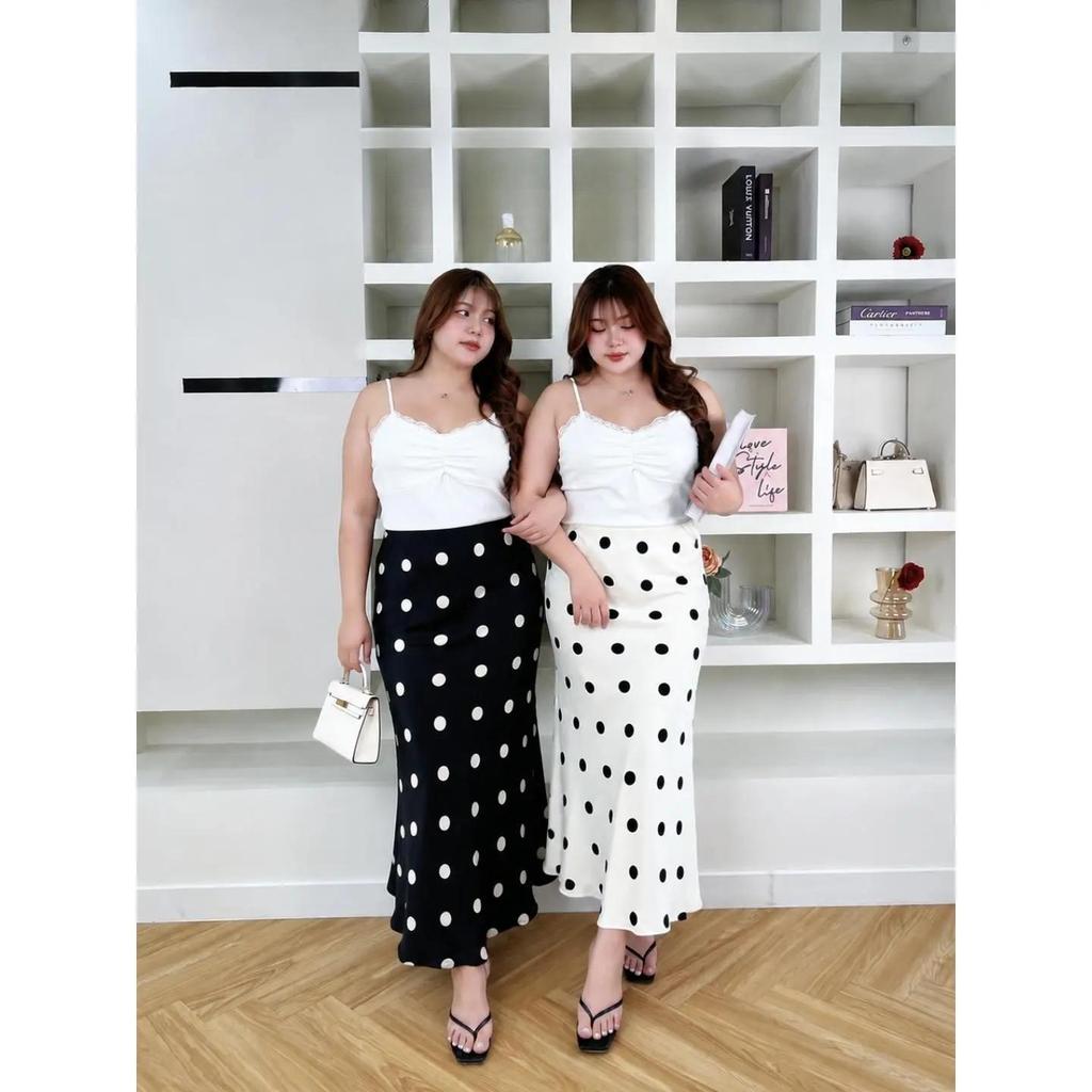 Srila(2052) กระโปรงยาวผ้าพริ้ว ดีเทลลายจุด ใส่วันสบายๆ สไตล์สาวพลัสไซส์ Clothing ผู้หญิง S-4XL 4 สี