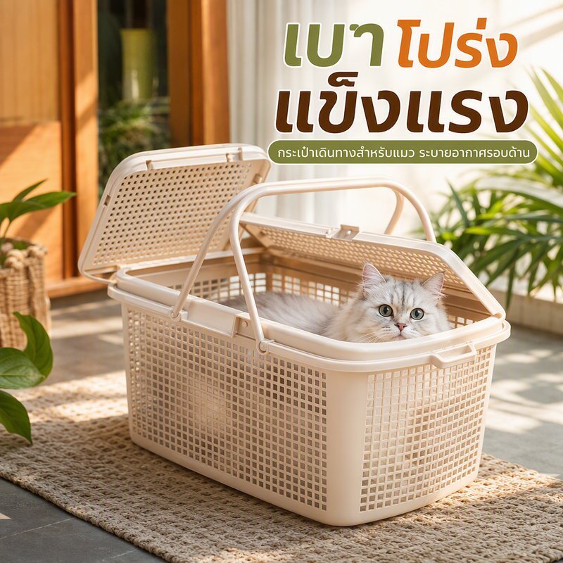 ตะกร้าใส่แมวพกพา กล่องแมว ระบายอากาศรอบด้าน พลาสติกแข็งแรง น้ำหนักเบา หูหิ้ว ขนาดใหญ่