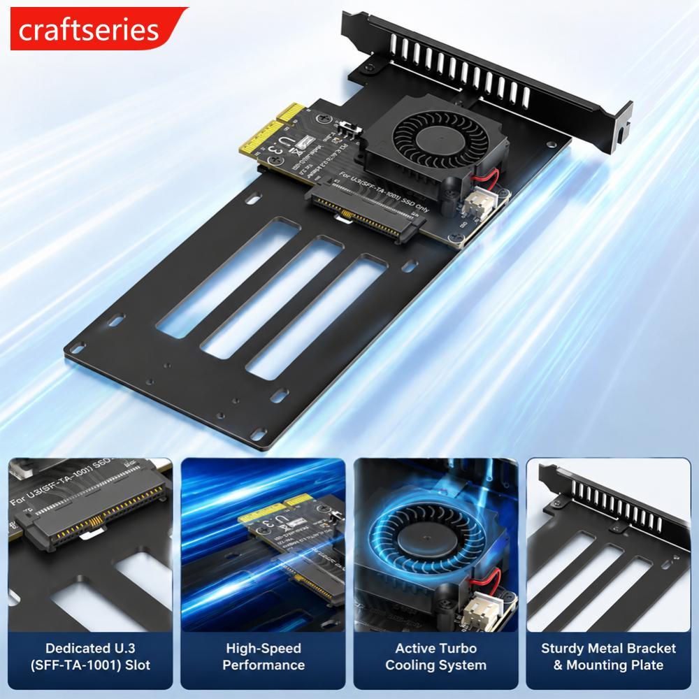 CRAFTSERIES PCIe 5.0 x4 ถึง U.3 (SFF-TA-1001) NVMe SSD อะแดปเตอร์ 12V Turbo พัดลมระบายความร้อน PCIe 